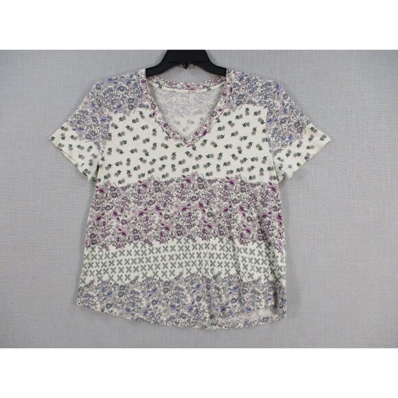 Loft Womens Floral Vneck Short Sleeve Cotton Top Xl Multicolor Pattern - Picture 1 of 7